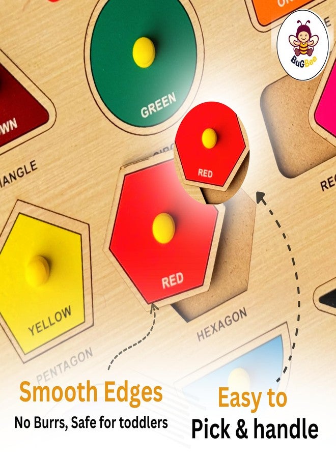 BuGBee Toys Wooden Shapes & Colours Peg Puzzle for Kids 2 3 4 5+ Years | Jumbo Size Shape Sorting Learning Board | 9 Shapes Educational Wooden Toy - Image 4